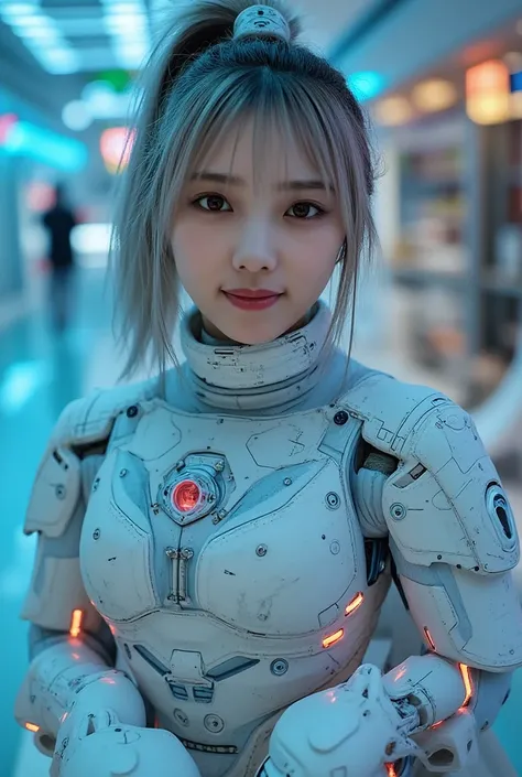 Beautiful cyborg girl, best quality, 4k resolution, photorealistic, a beautiful woman with flawless skin, beautiful Japanese woman, a charming smile, pale blue eyes, intricate mechanical neon cyborg body, very intricate futuristic cyborg body, head gear, i...