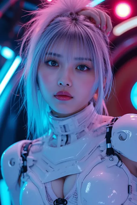 Beautiful cyborg girl, best quality, 4k resolution, photorealistic, a beautiful woman with flawless skin, beautiful Japanese woman, a charming smile, pale blue eyes, intricate mechanical neon cyborg body, very intricate futuristic cyborg body, head gear, i...