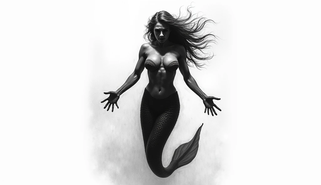 The image features a black-and-white drawing of a mermaid who appears to be swimming or descending through the water. She is depicted from a frontal and slightly tilted perspective, giving the impression that she is approaching the viewer with outstretched...