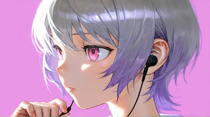  1 girl, solo,gray hair and purple hair 、 pink eyes, Earphones,  top quality,  Shortcut, doya face, Whole face