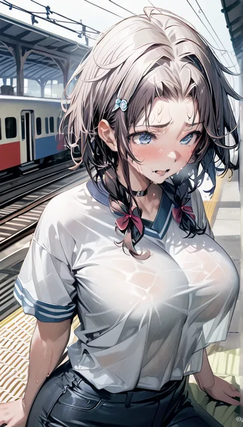  a girl 、 High school students 、In a body with short curly hair 、 top quality combat bed、 dark hair 、 sweaty body on the bench、 big chest 、Overlooking、( showing your forehead )、Hairpin、Overlooking、(Japanese train station )、长椅上