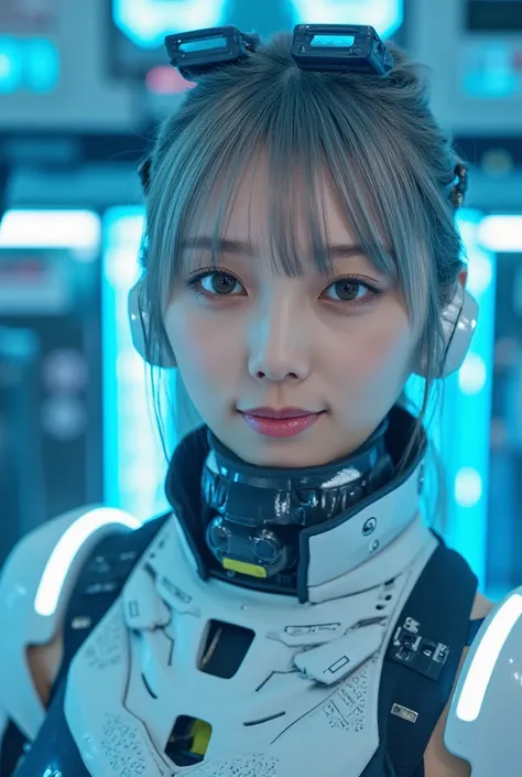 Beautiful cyborg girl, best quality, 4k resolution, photorealistic, a beautiful woman with flawless skin, beautiful Japanese woman, a charming smile, pale blue eyes, intricate mechanical neon cyborg body, very intricate futuristic cyborg body, head gear, i...