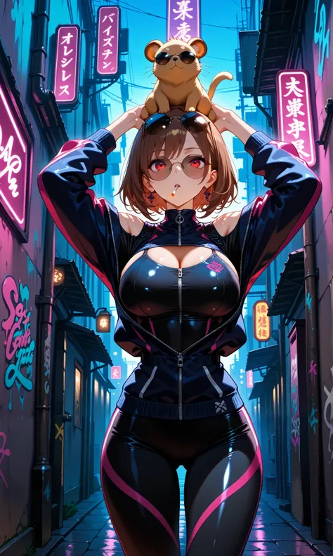  1 girl,Alone,breast, short hair, brown hair, red eyes ,Round sunglasses ,Arms below chest 、The other hand holds a cigarette , arms raised, is standing,  stylish, Shoulder Skin , off the shoulder on the head,  sexy, dark sweater with comma background,  Lon...