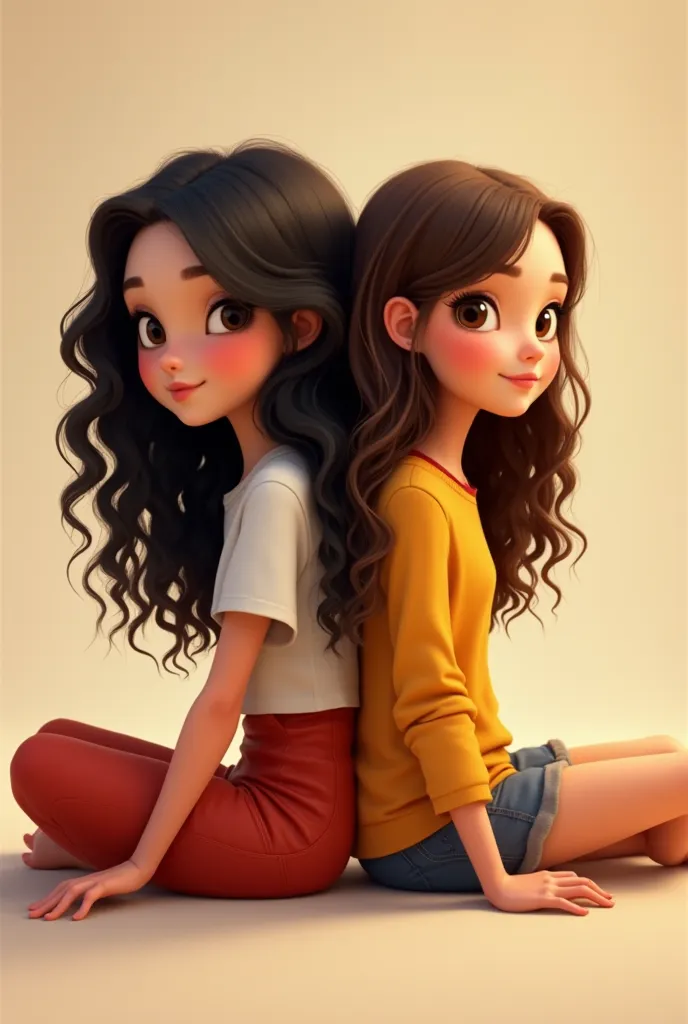 Pixar-style poster of 2 24-year-old girls, one with curly and long black hair, dark brown eyes and the other with long straight light brown hair with brown eyes, That the girls are sitting on their backs 