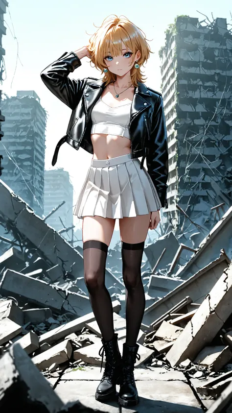  top quality，
 short golden hair ， messy hair， Wolf Cut Earrings，
 necklace，
 blue eyes， Closed Mouth，
 1 girl， small breasts， Sendance，
I took it off half，black leather jacket，
 White Crop Top ，
 white pleated skirt，
 black knee-high socks ，
 Black Boots ...