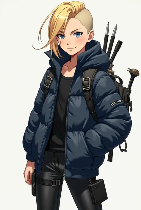 Young blond adult , medium haired and shaved .  He wears a navy blue padded jacket and leather pants,  wears a backpack and several attached tools .  Anime style, looking defiantly 