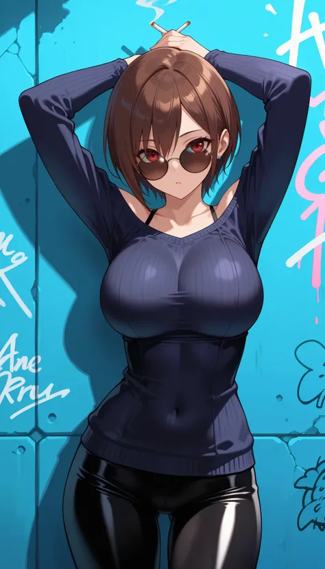  1 girl,Alone,breast, short hair, brown hair, red eyes ,Round sunglasses ,Arms below chest 、The other hand holds a cigarette , arms raised, is standing,  stylish , Shoulder Skin , off the shoulder on the head,  sexy, dark sweater with comma background,  Lo...