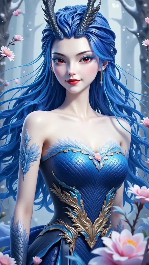  Movie Poster ：Beautiful dragon girl， red eyes， blue睫毛， red lips，Scales on the cheeks，Majestic expression， blue长发，Dragon Horn，Tube Top Dress。The ferocious Chinese dragon in the air， strapless。 blue。Flowers，ice，snowflake，It&#39;s snowing