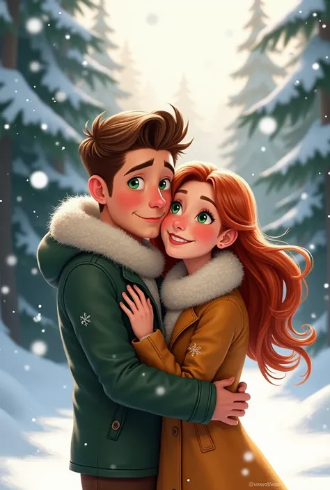 Pixar-style drawing of a young couple in their 20s, the man has brown hair and green eyes and the woman has red-brown hair with greenish eyes., They are in the snow 