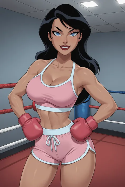 PonyXLV6_Scores BREAK ((parody) perfect anatomy, perfect eyes, cowboy shot), BREAK zatanna zatara, long hair, black hair, dark-skinned female, blue eyes, lipstick,  ((looking at viewer)), long hair, neon pink racerback bra, neon pink muay thai boxing short...