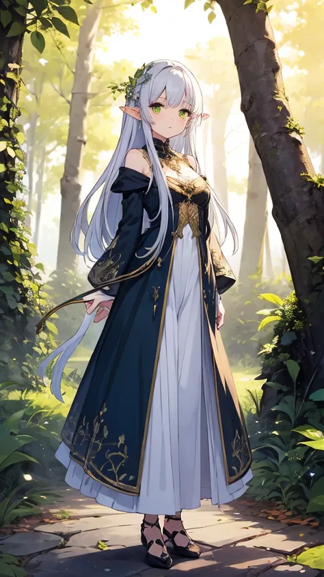 "An ethereal scene in an enchanted forest, with a graceful female elf standing beside a glowing stream. She has long silver hair, pointed ears, and glowing emerald eyes. She wears a flowing green and gold gown adorned with leaves and flowers. The light of ...