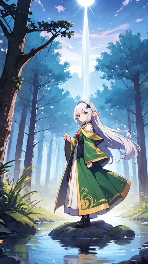 "An ethereal scene in an enchanted forest, with a graceful female elf standing beside a glowing stream. She has long silver hair, pointed ears, and glowing emerald eyes. She wears a flowing green and gold gown adorned with leaves and flowers. The light of ...