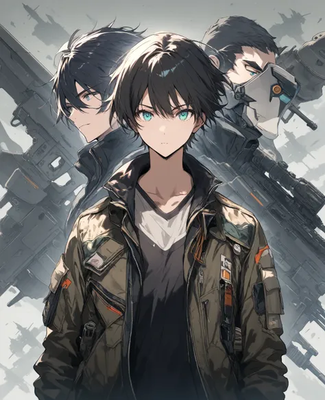 ( masterpiece: 1.2,  top quality), 2 Boy,  turquoise eye ,   facing the front ,   jet black hair,  jacket, (combat background: 1.7), 