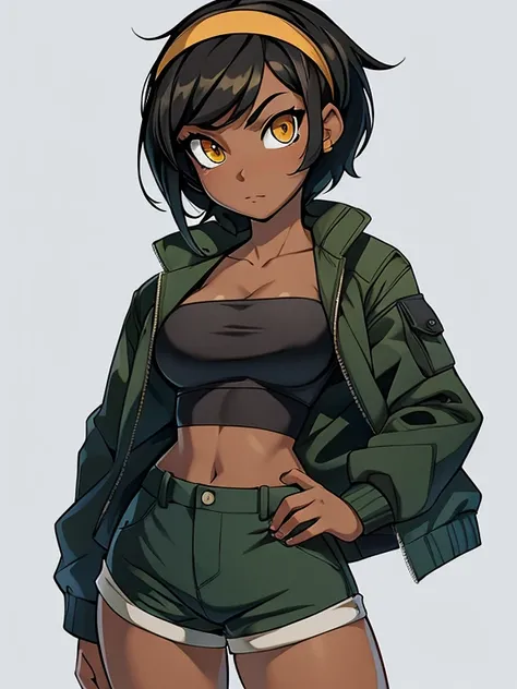 score_9, source_cartoon, 1girl, solo, black woman, amber eyes, medium black hair, hairband, opened green jacket, black tube top, tan shorts
