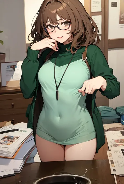 A beautiful woman with light brown hair, greens, with glasses, medium-haired hair, Milf, scientific, hentai, anime