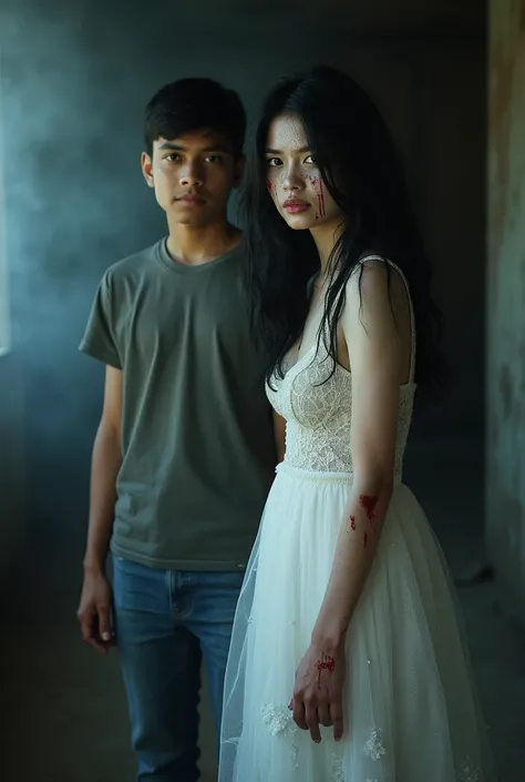 "A 19-year-old Indian boy with short black hair, wearing a casual t-shirt and jeans, stands beside a hauntingly beautiful horror girl. The boy and the girl are posing for a picture, both looking straight ahead with neutral expressions. The horror girl has ...