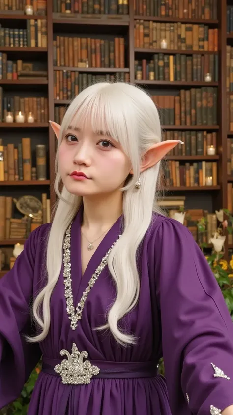 "A wise and ancient female elf in a grand library, surrounded by ancient tomes and scrolls. She has long white hair, a serene expression, and glowing violet eyes. She wears a robe made of deep purple silk with intricate silver designs, and her pointed ears...