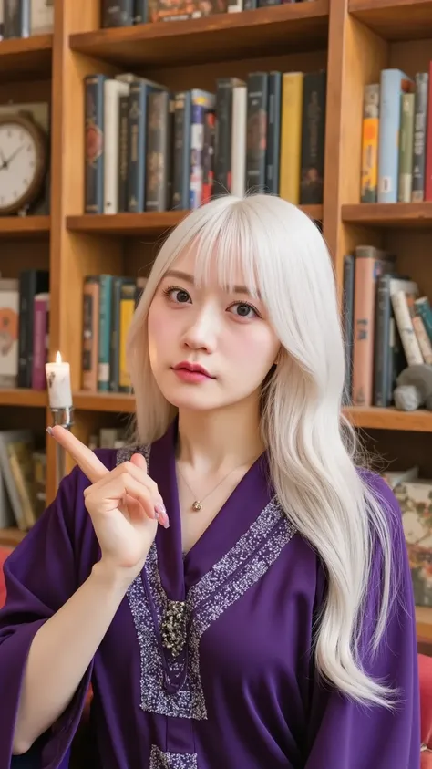 "A wise and ancient female elf in a grand library, surrounded by ancient tomes and scrolls. She has long white hair, a serene expression, and glowing violet eyes. She wears a robe made of deep purple silk with intricate silver designs, and her pointed ears...