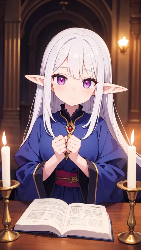 "A wise and ancient female elf in a grand library, surrounded by ancient tomes and scrolls. She has long white hair, a serene expression, and glowing violet eyes. She wears a robe made of deep purple silk with intricate silver designs, and her pointed ears...