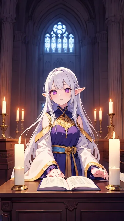 "A wise and ancient female elf in a grand library, surrounded by ancient tomes and scrolls. She has long white hair, a serene expression, and glowing violet eyes. She wears a robe made of deep purple silk with intricate silver designs, and her pointed ears...