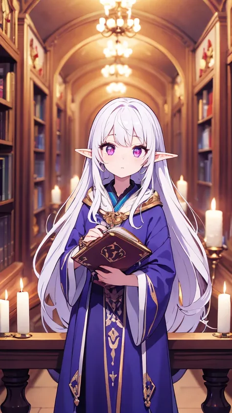 "A wise and ancient female elf in a grand library, surrounded by ancient tomes and scrolls. She has long white hair, a serene expression, and glowing violet eyes. She wears a robe made of deep purple silk with intricate silver designs, and her pointed ears...