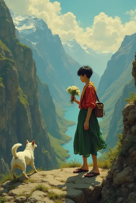  Black-haired Asian Young 25 years old Stepping at the End of the Cliff towards the abyss, Green Mixed Clothing ,  red and yellow ,  in front of him abyss ,  Small Bag on Shoulder , grasping a bunch of white roses in his hand, Stepping feet walk .  there i...