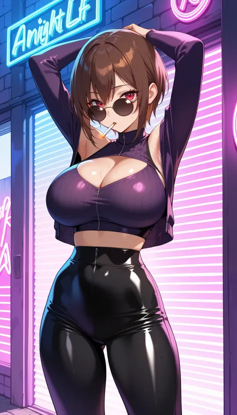  1 girl,Alone,breast, short hair, brown hair, red eyes ,Round sunglasses ,Arms below chest 、The other hand holds a cigarette , arms raised, is standing, Sparkling Skin、sweat、 stylish, Shoulder Skin , off the shoulder on the head,  sexy, dark transparent sw...