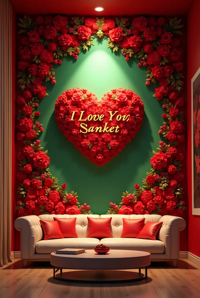 A captivating, high-resolution 3D render of a pristine red and green wall, elegantly adorned with intricate patterns of red roses and vibrant flowers. The name "I Love You Sanket" in elegant golden cursive letters is delicately inscribed at the center in r...