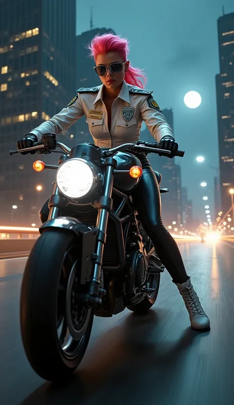 Photorealistic image of a muscular female police officer, Zora Marshall, riding a black Ducati Panigale motorcycle at high speed on a moonlit highway, chasing a fugitive. Towering skyscrapers with glowing windows line the highway. She wears a crisp, white,...