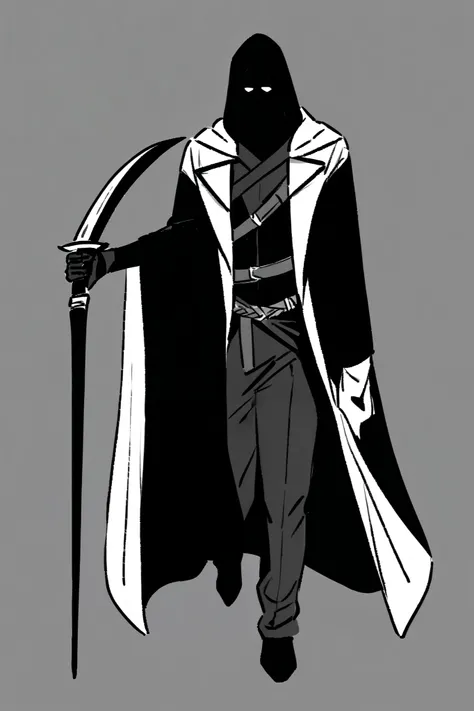 draw me a picture of a  male, white-haired, white-eyed, holding a reaper, wearing an assassins costume. (background solid color)