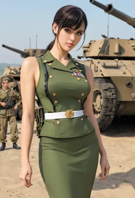 a woman in military fatigues posing in front of a tank, thick, thick thigs, military服を着用する, Extreme close-up, military girl  , military服を着ている, military国主義的!!!, military服を着ている, military, thick,  big booties ,  Tight Outfit ,  seen from behind, military事,  F...