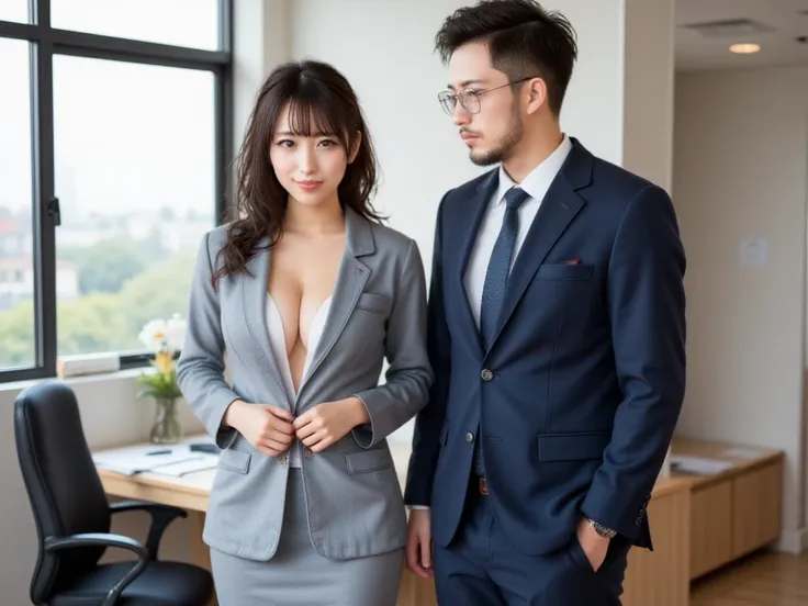 ((top quality)), ((ultra realistic photo)), ((masterpiece)), (Details), 1male and 1female, in office, 
eye contact, talking, very wide shot, from diagonal, (female, japanese, height 165cm, 25 years old, beautiful, glamorous, busty, wearing light gray offic...