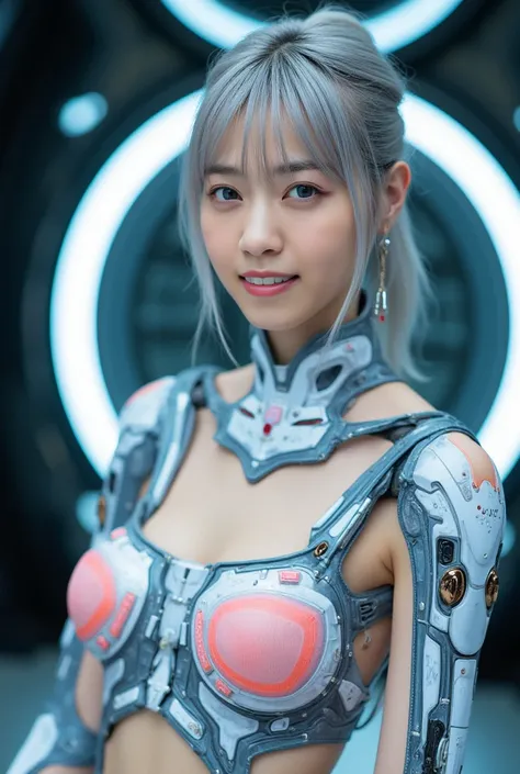 Beautiful cyborg girl, best quality, 4k resolution, photorealistic, a beautiful woman with flawless skin, beautiful Japanese woman, a charming smile, pale blue eyes, intricate mechanical neon cyborg body, very intricate futuristic cyborg body, head gear, (...