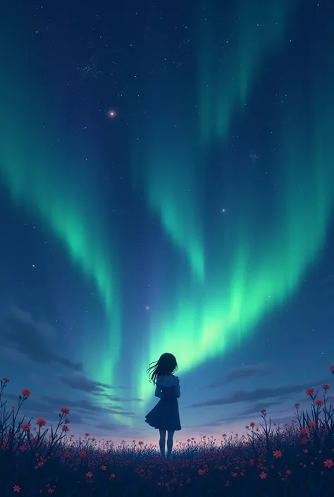 Cover of love song, night sky with stars, flower meadow, with 1 girl, far away, dark, night, northern lights, anime pictures