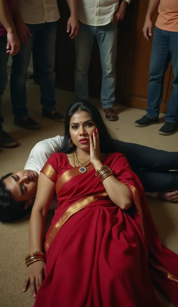 A 25 year old curvy Indian woman wearing a red saree is lying scared on the floor with one hand on her face and the other on her chest and a tall man is lying on top of her and 5-6 men are standing around. .