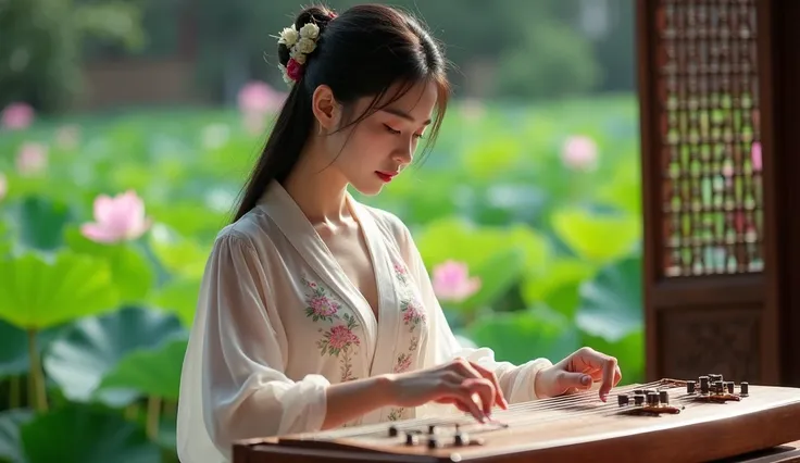 A front picture of sexy girl wearing hot shirt with big breasts playing fulte music, she look down at guzheng  slowlly  feelling slow . romantic  She play guzheng with her finger slowly  "A sexy beautiful young woman  Big breasts with long dark hair tied b...