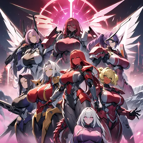 Anime, high detailed, multiple womans, mature womans, mecha armor, large mechanical wings, "Automotive-like" details on their mecha armors, blindfold (They're all using blindfolds), serious, large clawed Gauntlet, red skin, curvy body, long mechanical tail...