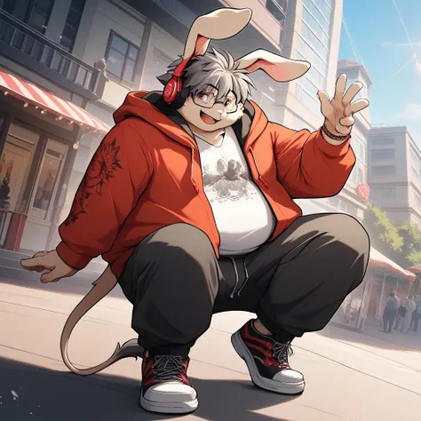 deTail background, 4K,  masterpiece,   humanoid rabbit    , droopy ears ,    furry     male,  {{{{{{One boy,  male性,  alone,     furry    ,      animal ears   , thick、Fat、male,    colorful contemporary style hoodie, Front   , big , Tail,         jewelry,  ...