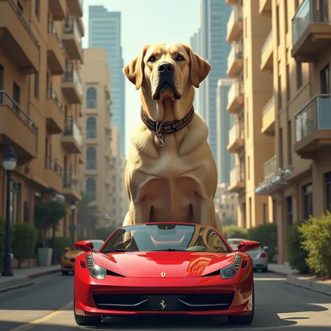  a giant light-haired Labrador wearing a collar written BOLD 　 Trapped between buildings in Dubai 　narrow road　  is in front of a red Ferrari convertible car 