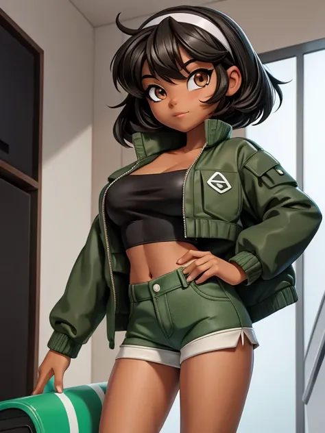 score_9, source_cartoon, 1girl, solo, black woman, brown eyes, medium black hair, hairband, opened green jacket, black tube top, tan shorts
