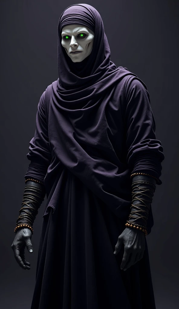 A tall, mysterious figure fully covered in dark fabric, standing at 1.80 meters. His head is wrapped in a black cloth forming a tightly bound turban, seamlessly integrated with a STARK WHITE, matte mask that reflects no light. His entire body is wrapped in...