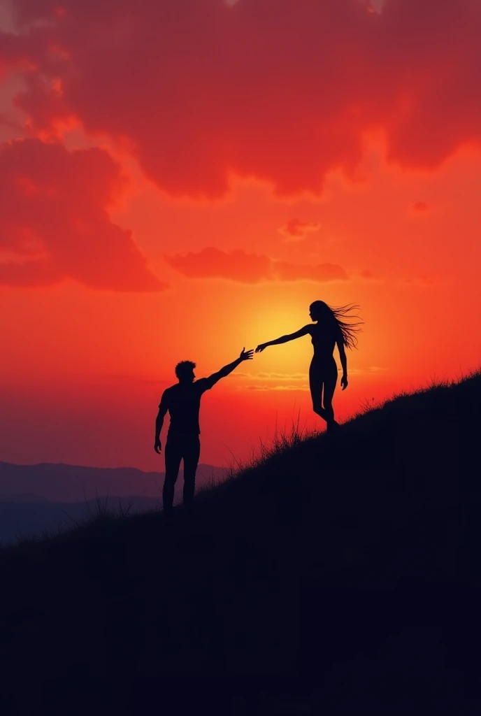  need a song cover photo that looks like its a hill and with a background of a red and orange and purple and has a man standing stretching his arm for a women but she is walking away + the hill and the man are all black and make them both standing on the s...