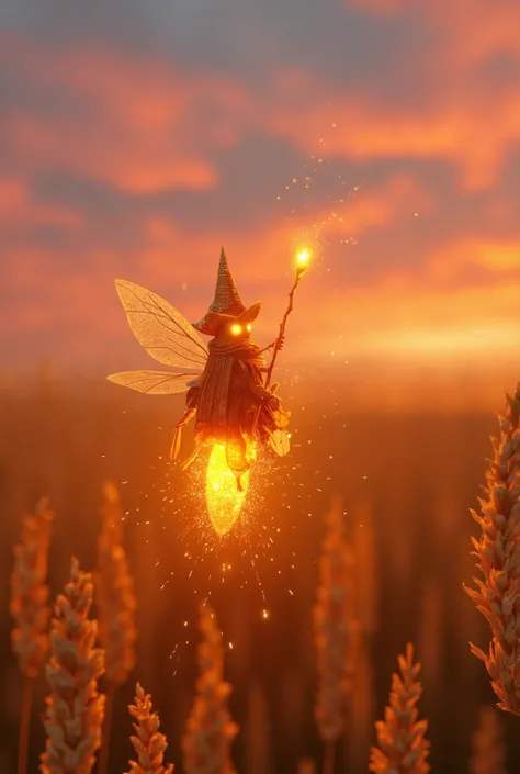 Macro photograph of a tiny fire mage with a fiery orange robe and glowing ember-like staff, seated atop a softly glowing firefly. The mage’s staff emits tiny sparks as the firefly hovers above a field of golden wheat. The background features a vibrant summ...