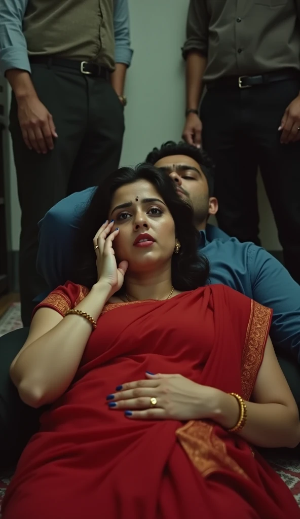 A 25 year old curvy Indian woman wearing a red saree is lying scared on the floor with one hand on her face and the other on her chest and a tall man is lying over her and 5-6 men are standing around. .