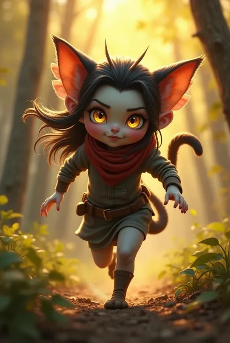 Super cute female orc with cat ears, running in the forest in the early morning, her eyes look like she has seen prey, her expression is happy, high-definition and delicate, the picture is colorful， high resolution,  High detail,  high quality, 