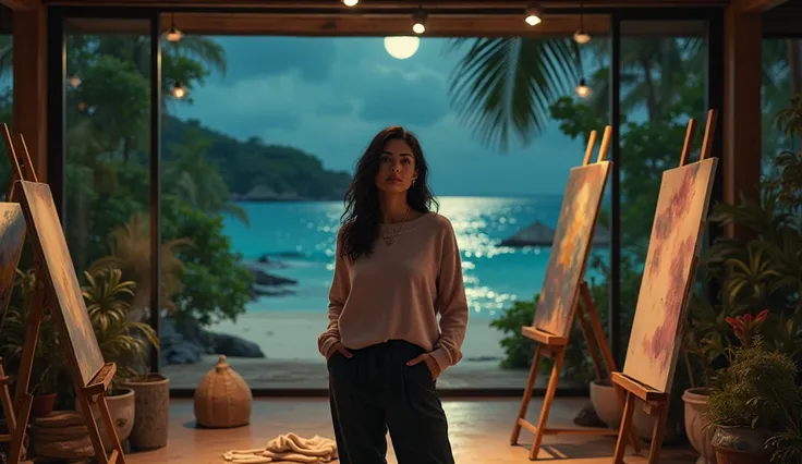 Female, La Camaleonte, artist portrait, spacious art studio, expansive window, moonlit beach, lush tropical greenery, private island, pastel cashmere sweater, dark trousers, loafers, dim lighting, golden light, long dark hair, prominent Chameleon's Tear ge...