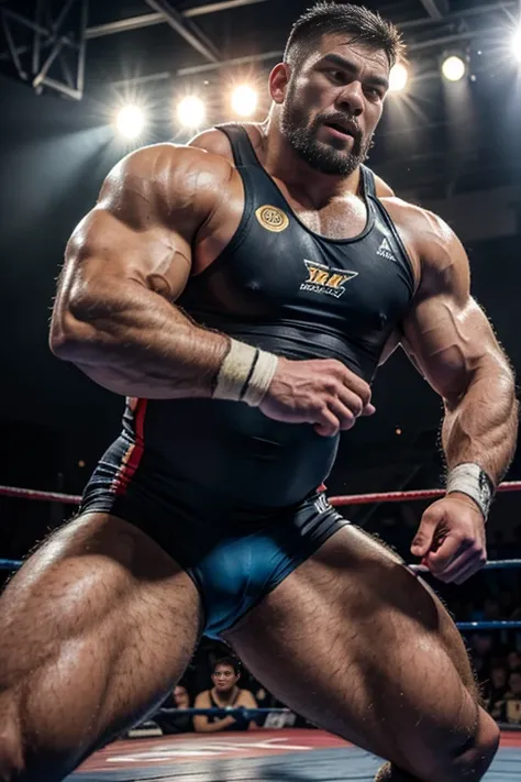 A powerful male wrestler in action during an intense match, wearing a ripped singlet , Torn a Singlet while being tackled by opponents. The wrestler has a determined facial expression, muscular build, and is surrounded by a wrestling stage in the backgroun...