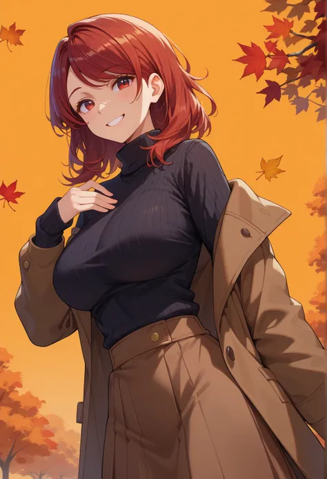  score _9,  score _8_arriba,  score _7_arriba,  1 girl, autumn, autumn leaves, black sweater,  cut bob breasts,  breasts, brown   coat  , brown skirt,  mouth shut,   coat  , large  breasts, move, move background,  Long Sleeves Leather,  looking at the spec...