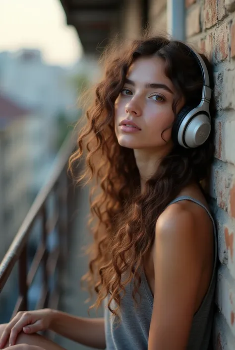 A full-length shot of a white young woman with curly brown long hair and striking brown eyes, She is sitting on the fire escape of a building and leaning against the wall., leaning against the wall. She has large headphones on her ears and a dreamy, peacef...