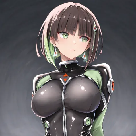 masterpiece, (((( best quality )))),,,shiny skin, wearing a black pilot suit, dark hair, short bob hair,The inner color of the hair is green, green eyes,isosceles triangle earrings,,,large breasts,